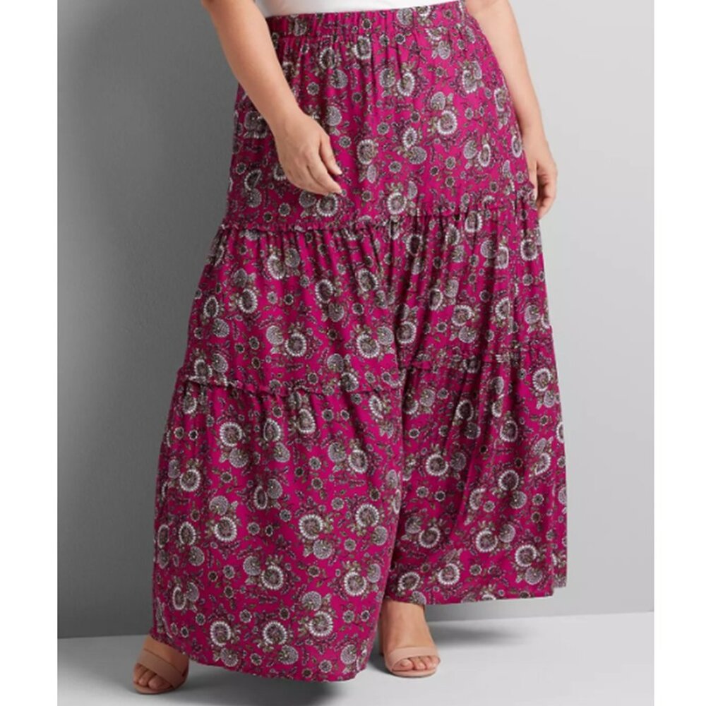 LANE BRYANT UEC Size 14/16 Tiered Purple Maxi Skirt Paisley pull on bohemian